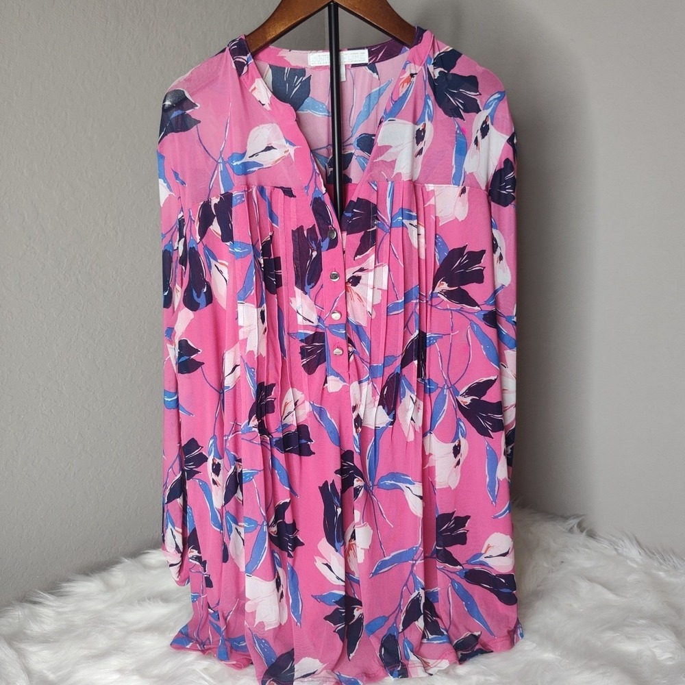 Daniel Rainn Blouse Womens XL Pink Floral Pleated Mesh Roll Tab Sleeve Top